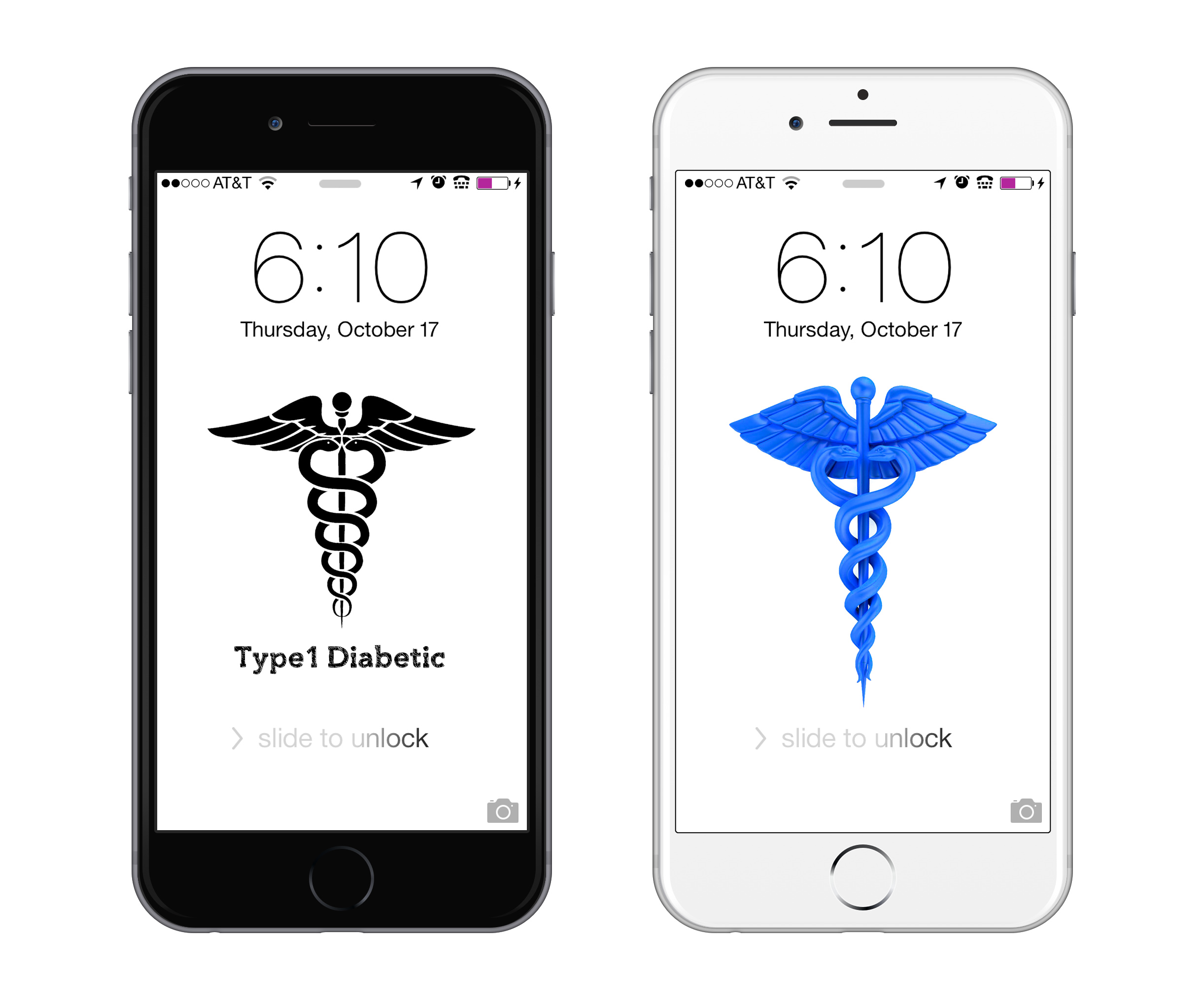 Two iPhones with medical alert lock screens: a black caduceus above the words Type 1 Diabetic, and a blue 3D-rendered caduceus.