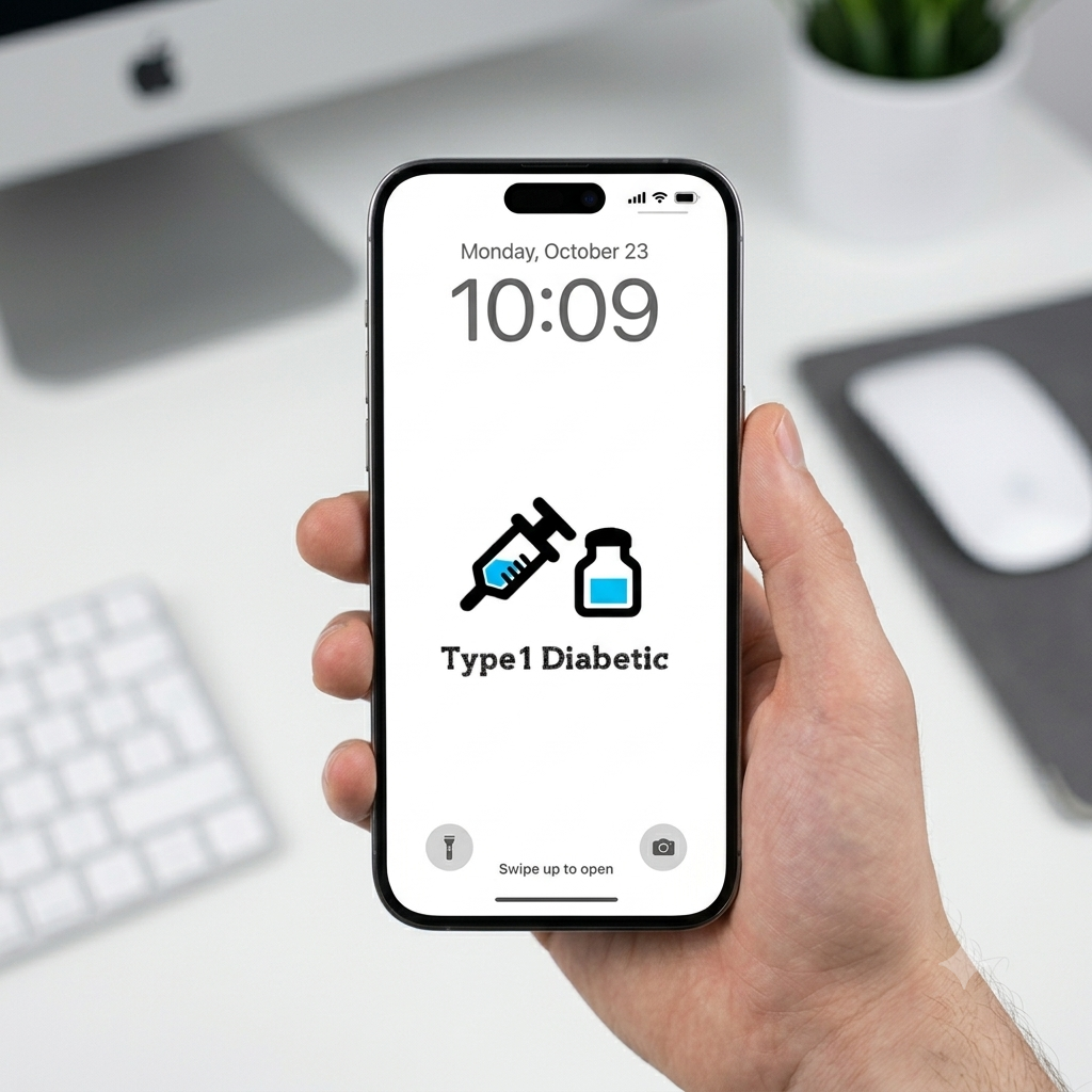 A hand holding a phone whose lock screen shows a syringe and vial icon above the words Type 1 Diabetic.
