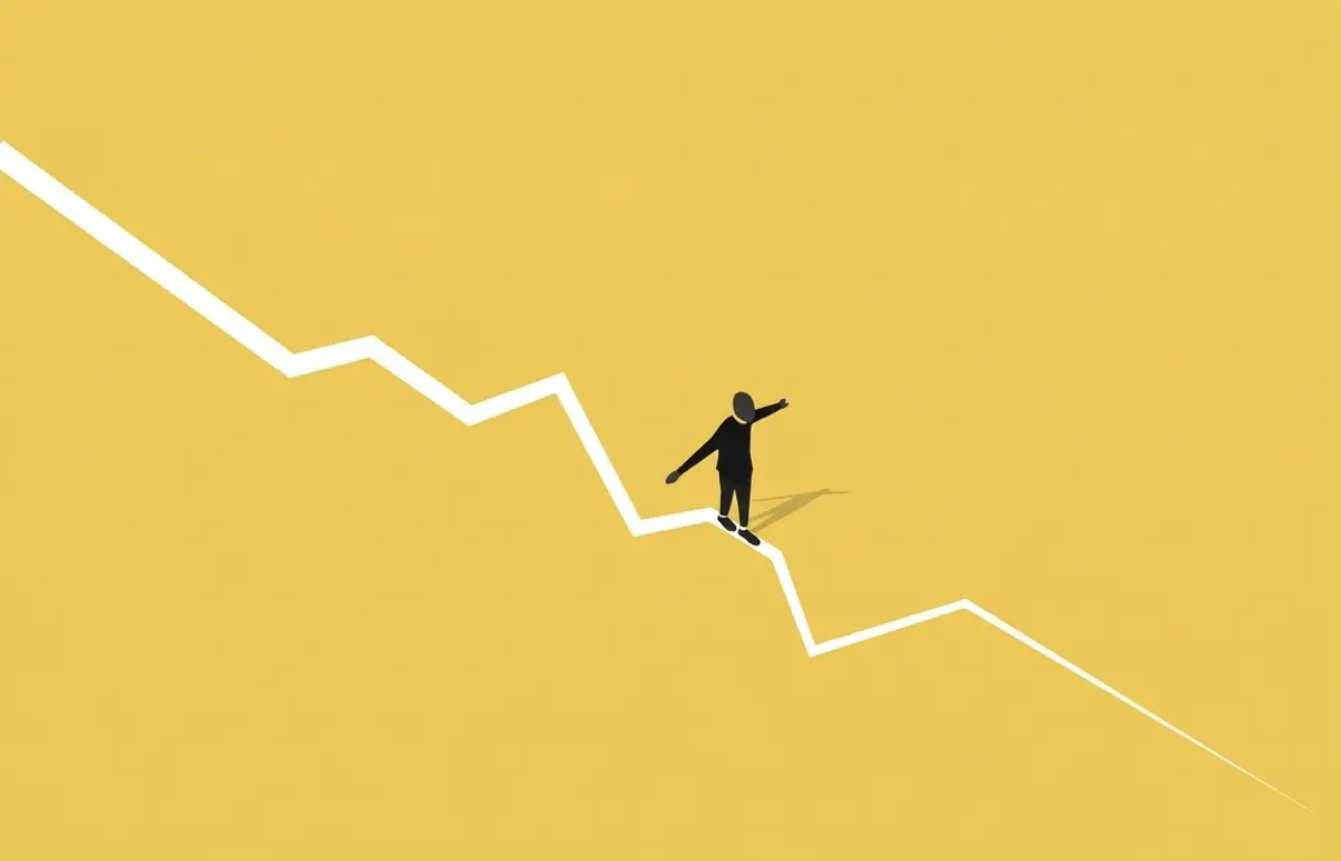 Illustration of a person balancing on a zigzag line across a yellow background.